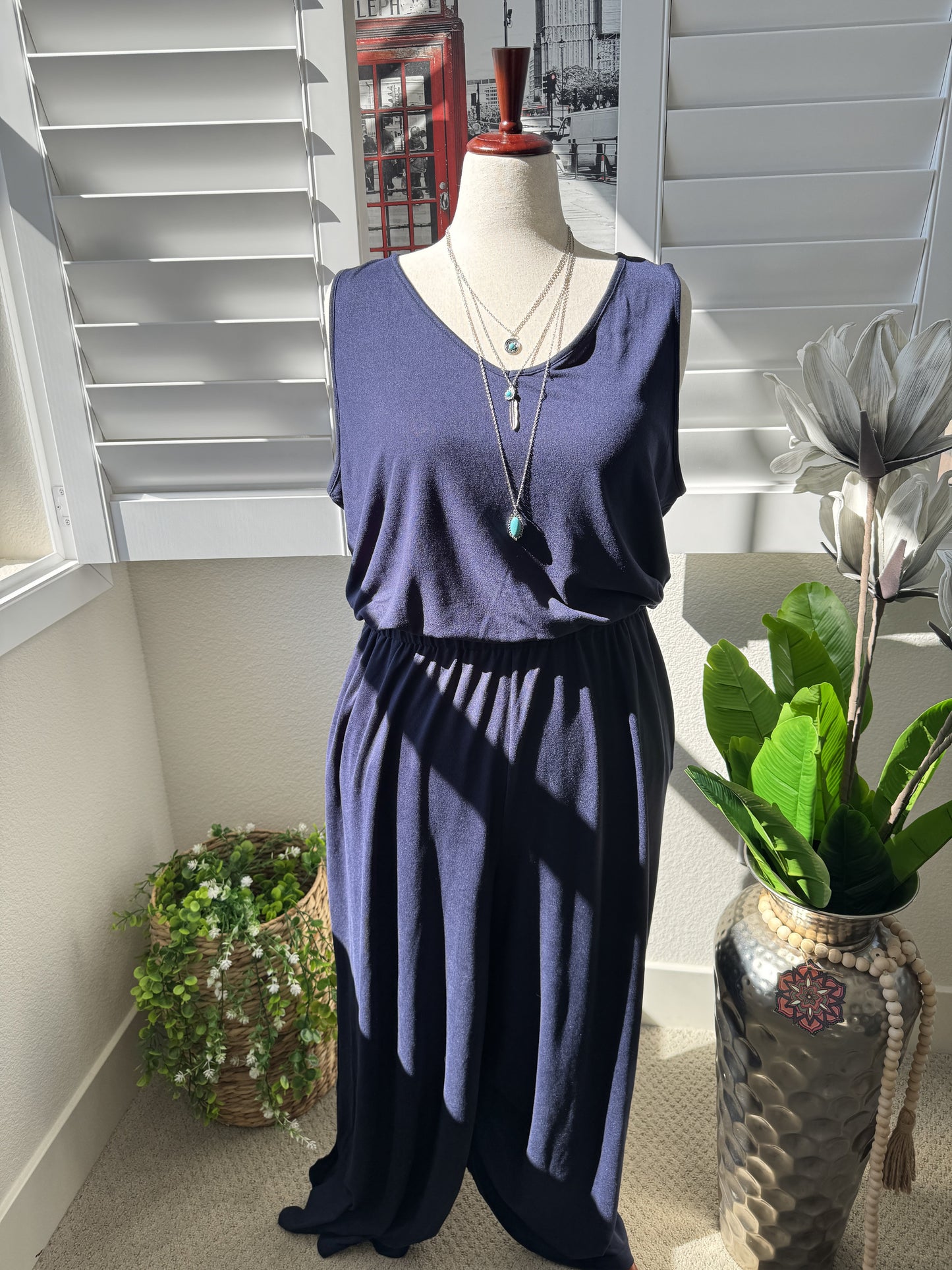 BumbleBella by Jill Martin Navy Blue V-Neck Wide Leg Jumpsuit Size 1X