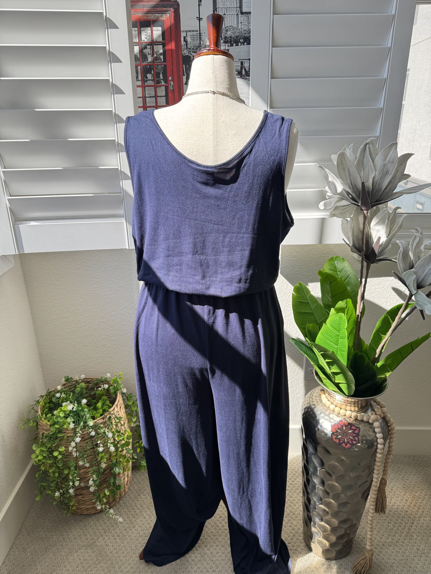 BumbleBella by Jill Martin Navy Blue V-Neck Wide Leg Jumpsuit Size 1X