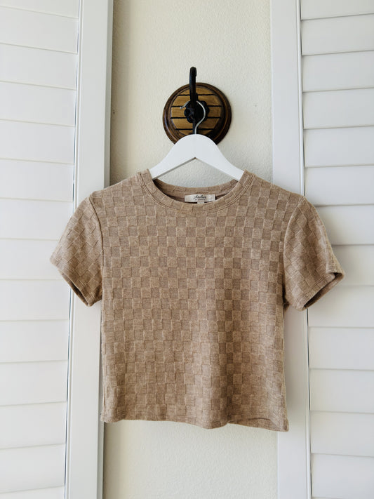 Atelier by Kirious Beige Checkered Knit Short Sleeve Top - Size L