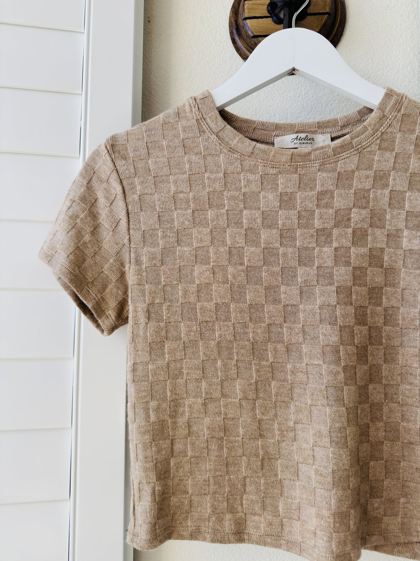 Atelier by Kirious Beige Checkered Knit Short Sleeve Top - Size L