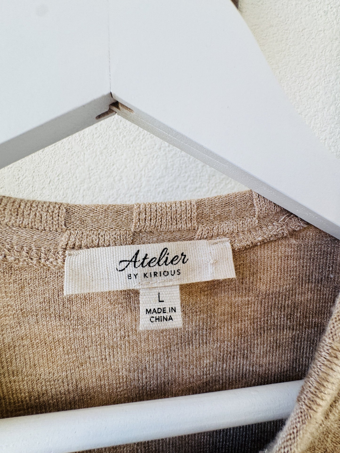 Atelier by Kirious Beige Checkered Knit Short Sleeve Top - Size L