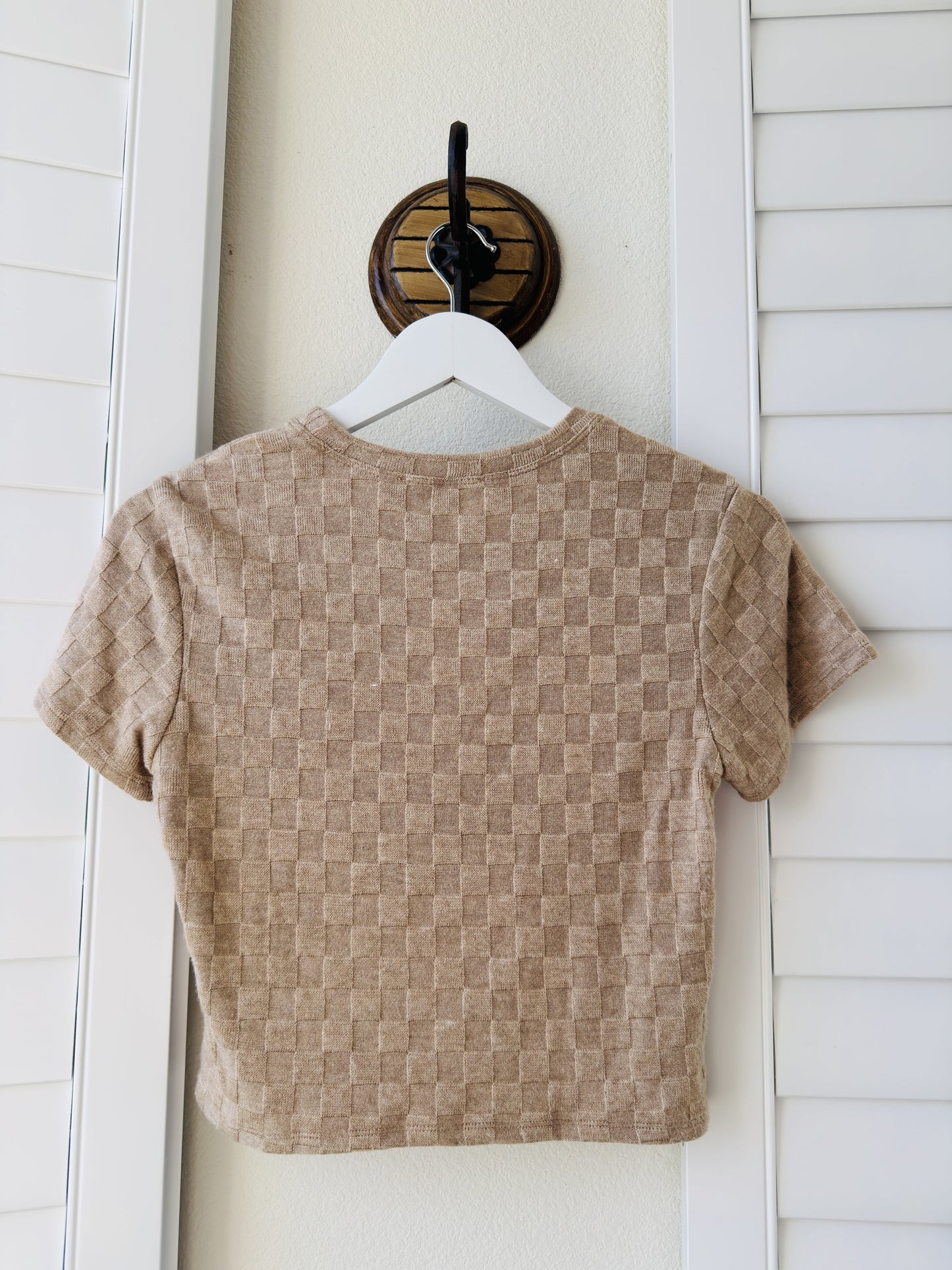 Atelier by Kirious Beige Checkered Knit Short Sleeve Top - Size L