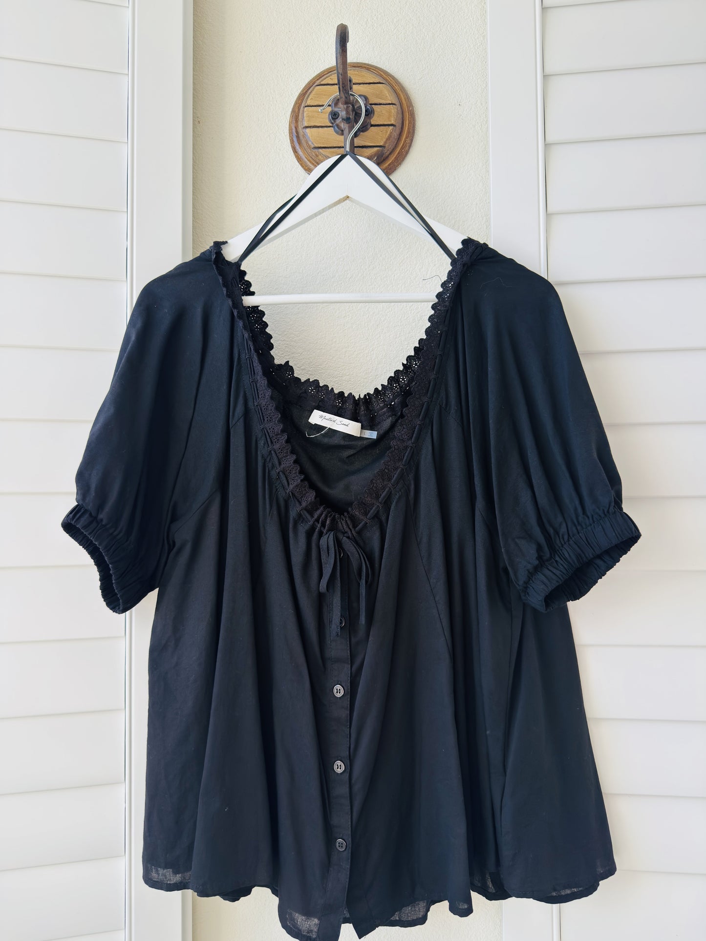 Mustard Seed Black Lace-Trim Puff Sleeve Blouse - Size L