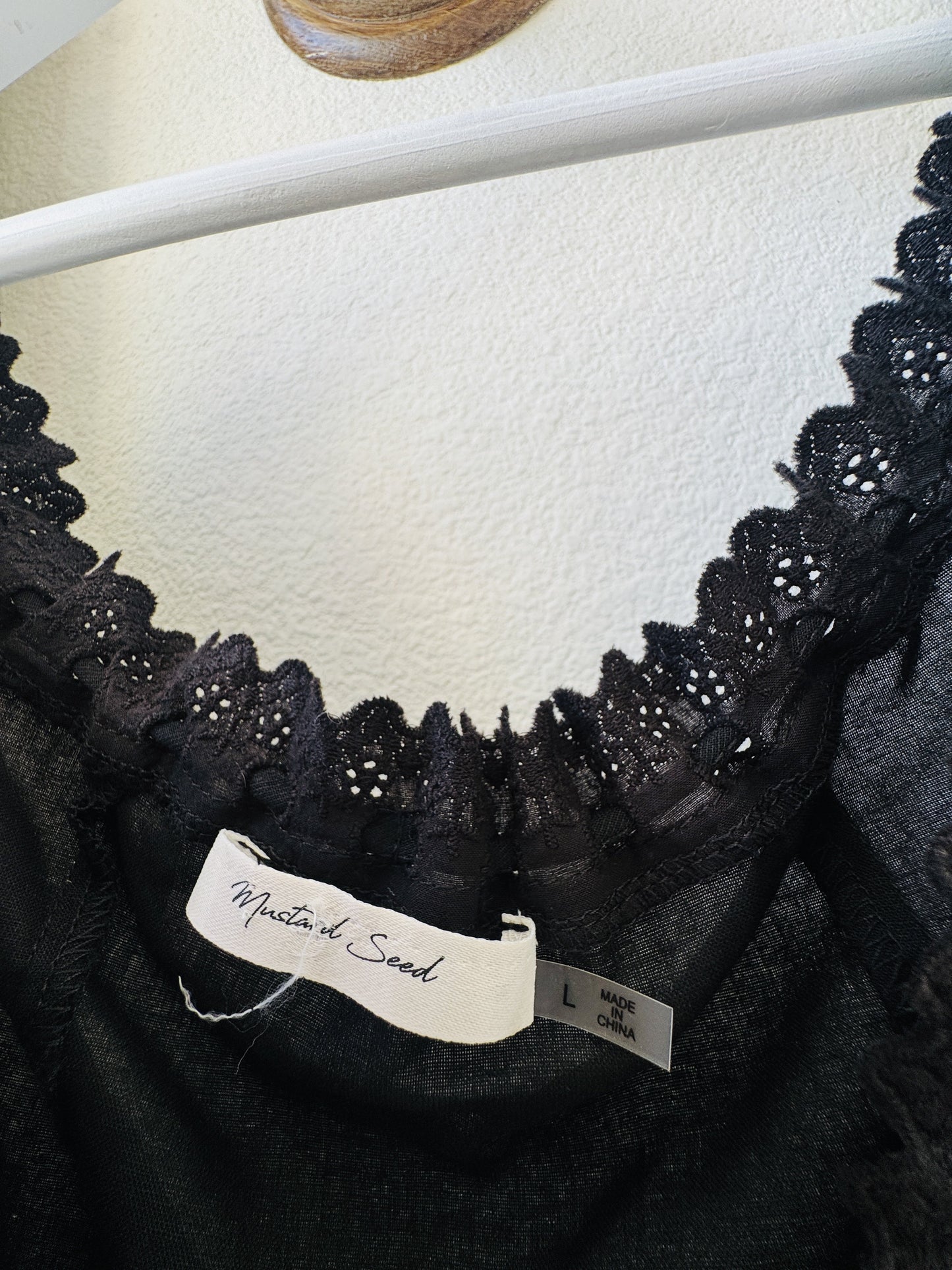 Mustard Seed Black Lace-Trim Puff Sleeve Blouse - Size L