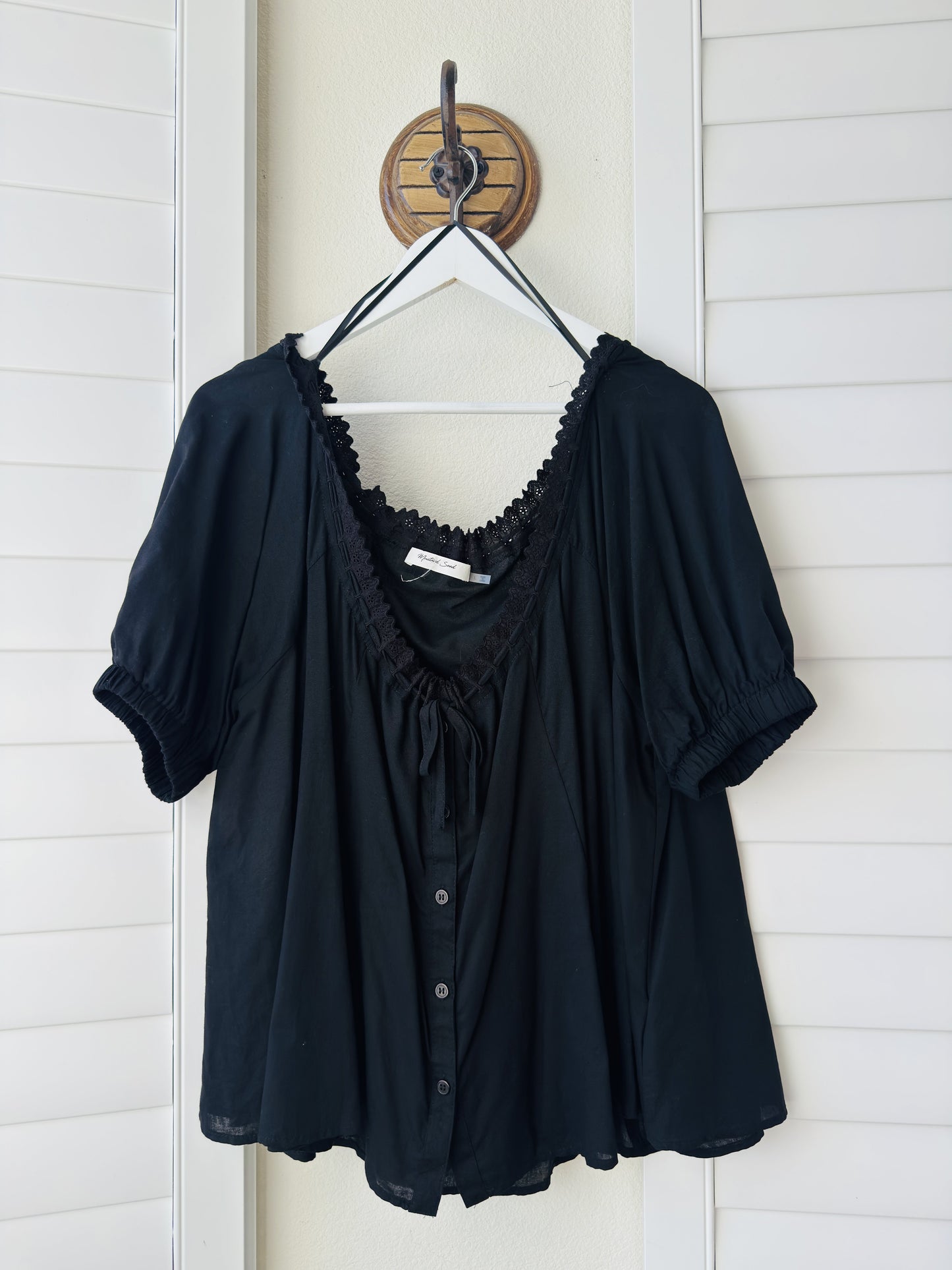 Mustard Seed Black Lace-Trim Puff Sleeve Blouse - Size L