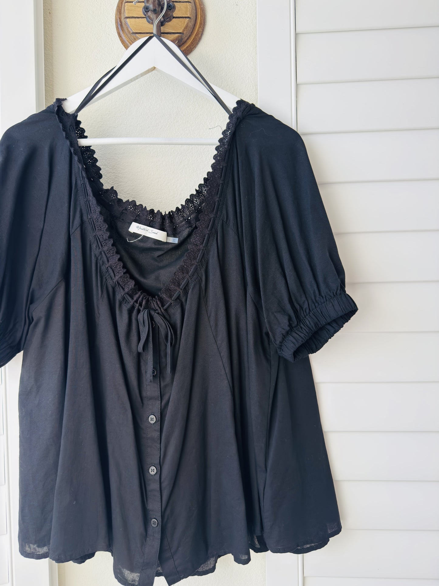 Mustard Seed Black Lace-Trim Puff Sleeve Blouse - Size L