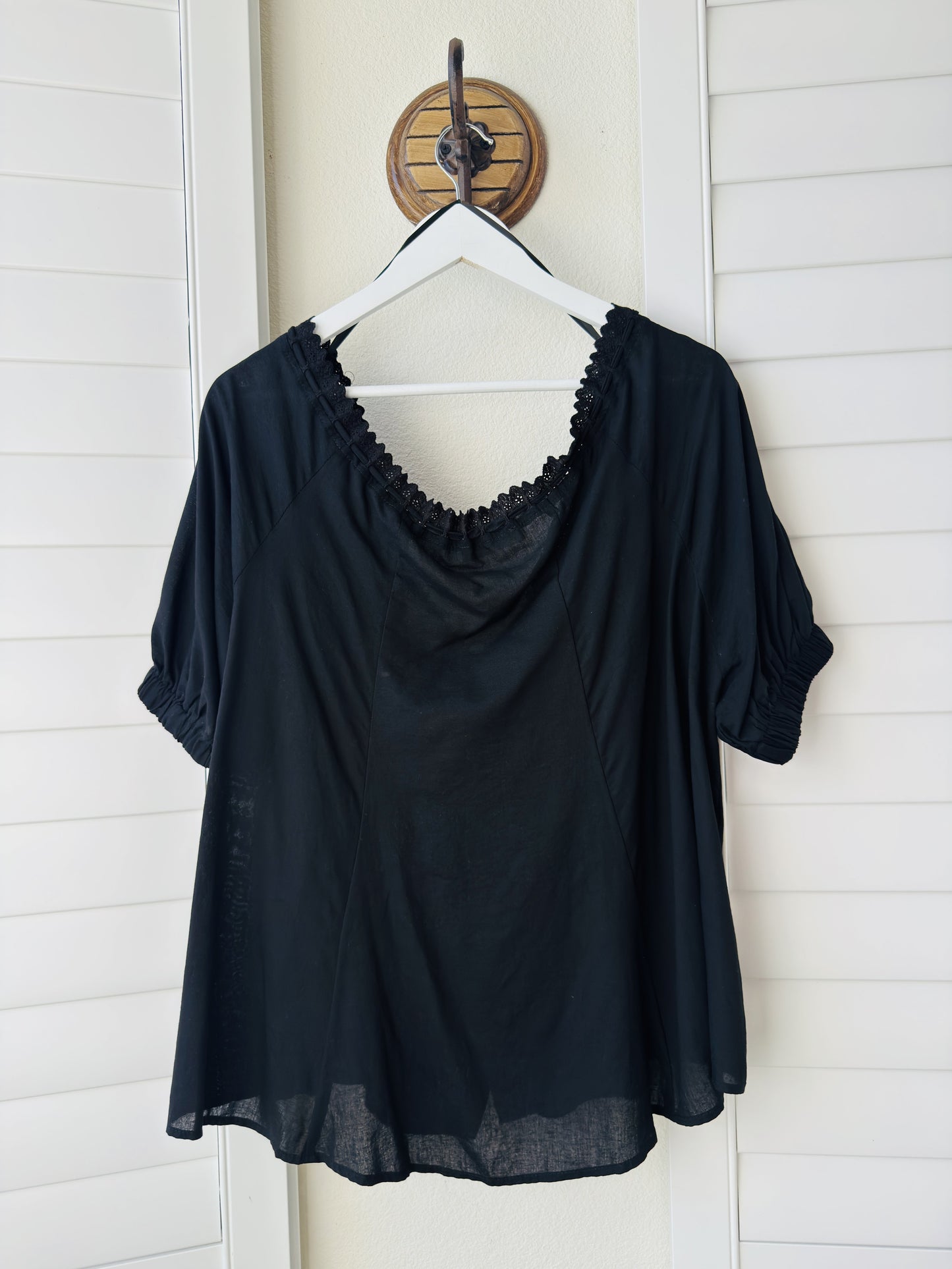 Mustard Seed Black Lace-Trim Puff Sleeve Blouse - Size L