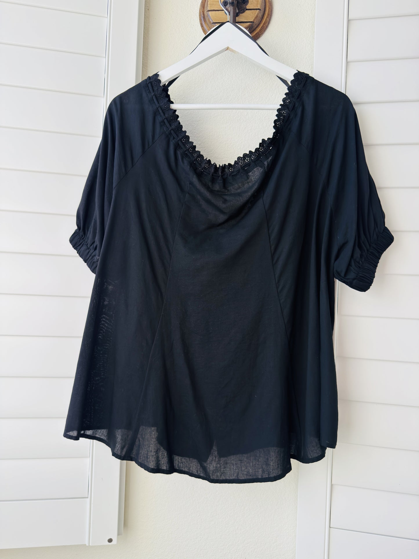 Mustard Seed Black Lace-Trim Puff Sleeve Blouse - Size L