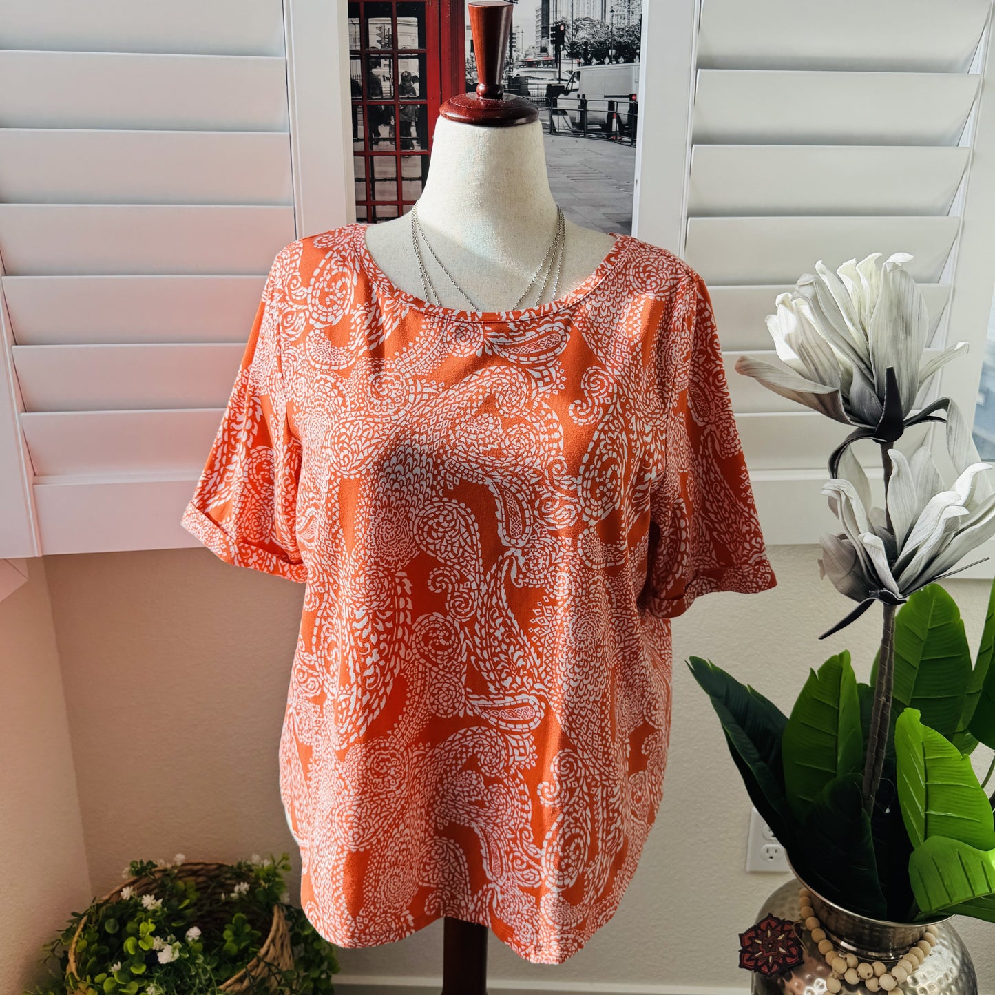 Chico's Orange & White Paisley Print Boat Neck Top - Size 3 (US XL)
