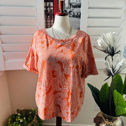 Chico's Orange & White Paisley Print Boat Neck Top - Size 3 (US XL)
