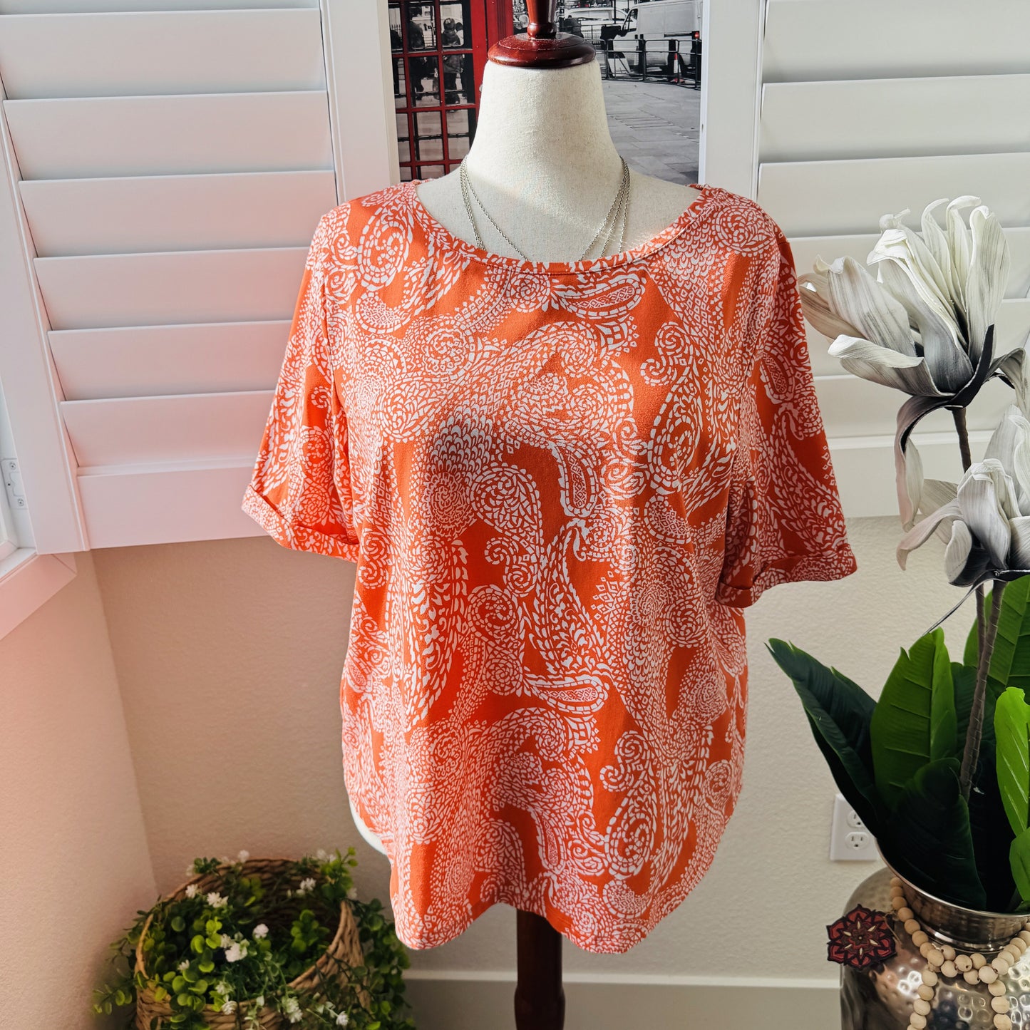 Chico's Orange & White Paisley Print Boat Neck Top - Size 3 (US XL)