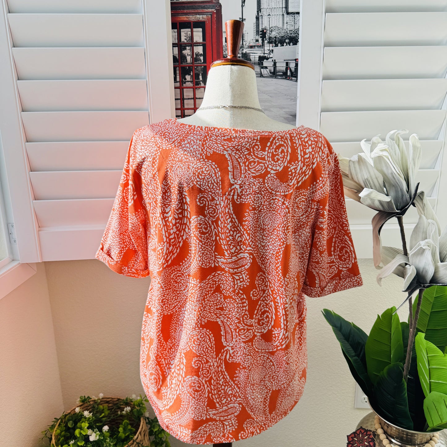 Chico's Orange & White Paisley Print Boat Neck Top - Size 3 (US XL)