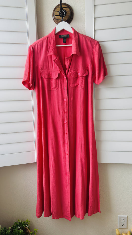 Vintage Lane Bryant Coral Pink Short Sleeve Button Down Midi Dress Size 16