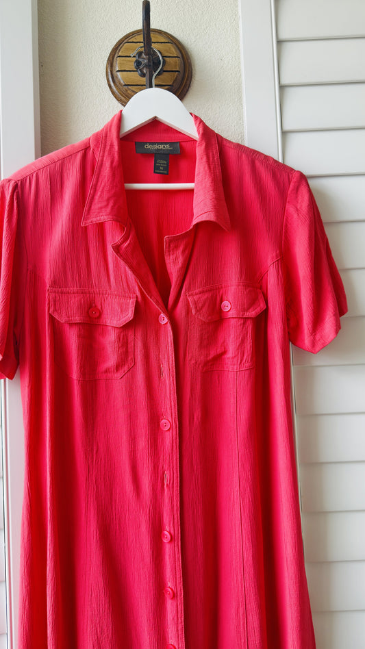 Vintage Lane Bryant Coral Pink Short Sleeve Button Down Midi Dress Size 16