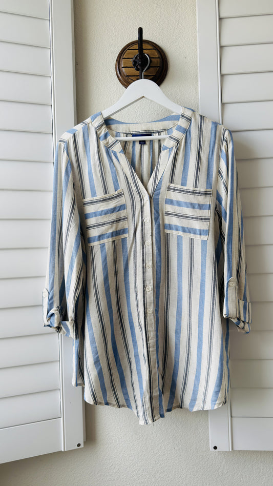Apt. 9 Striped Rayon Linen Roll-Tab Sleeve Blouse - Size L