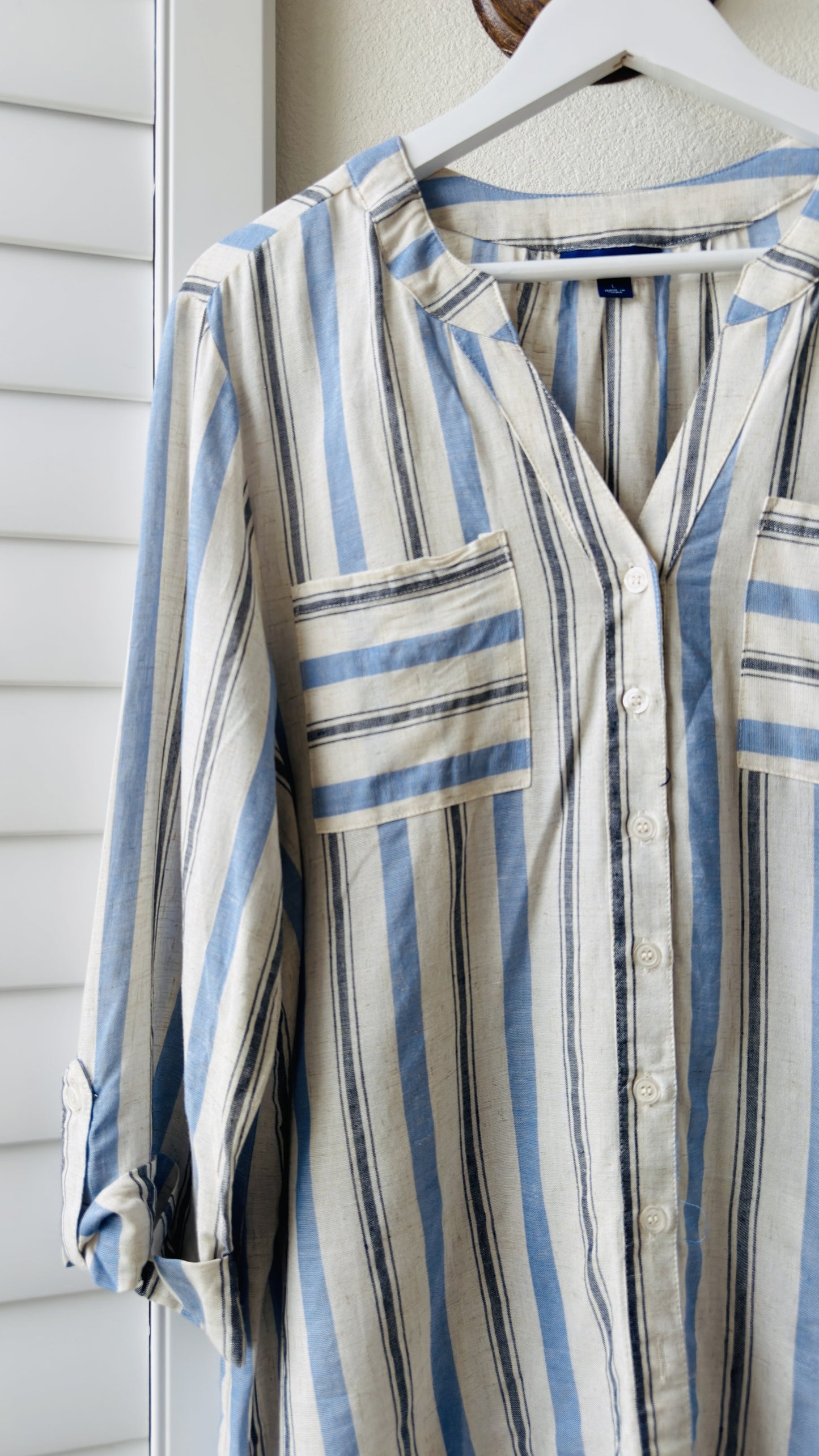 Apt. 9 Striped Rayon Linen Roll-Tab Sleeve Blouse - Size L