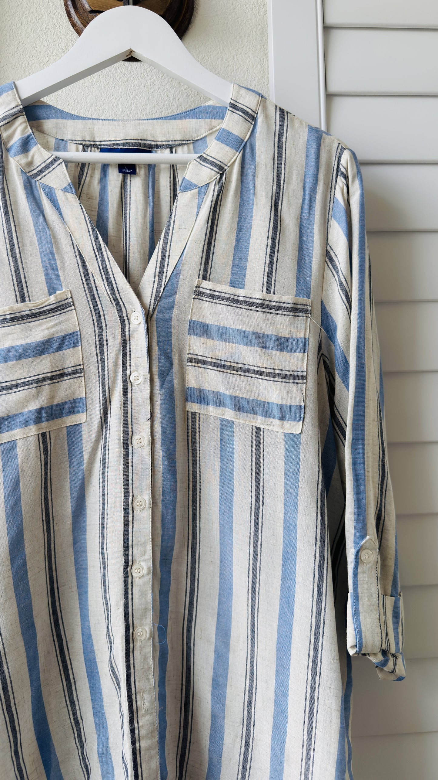 Apt. 9 Striped Rayon Linen Roll-Tab Sleeve Blouse - Size L