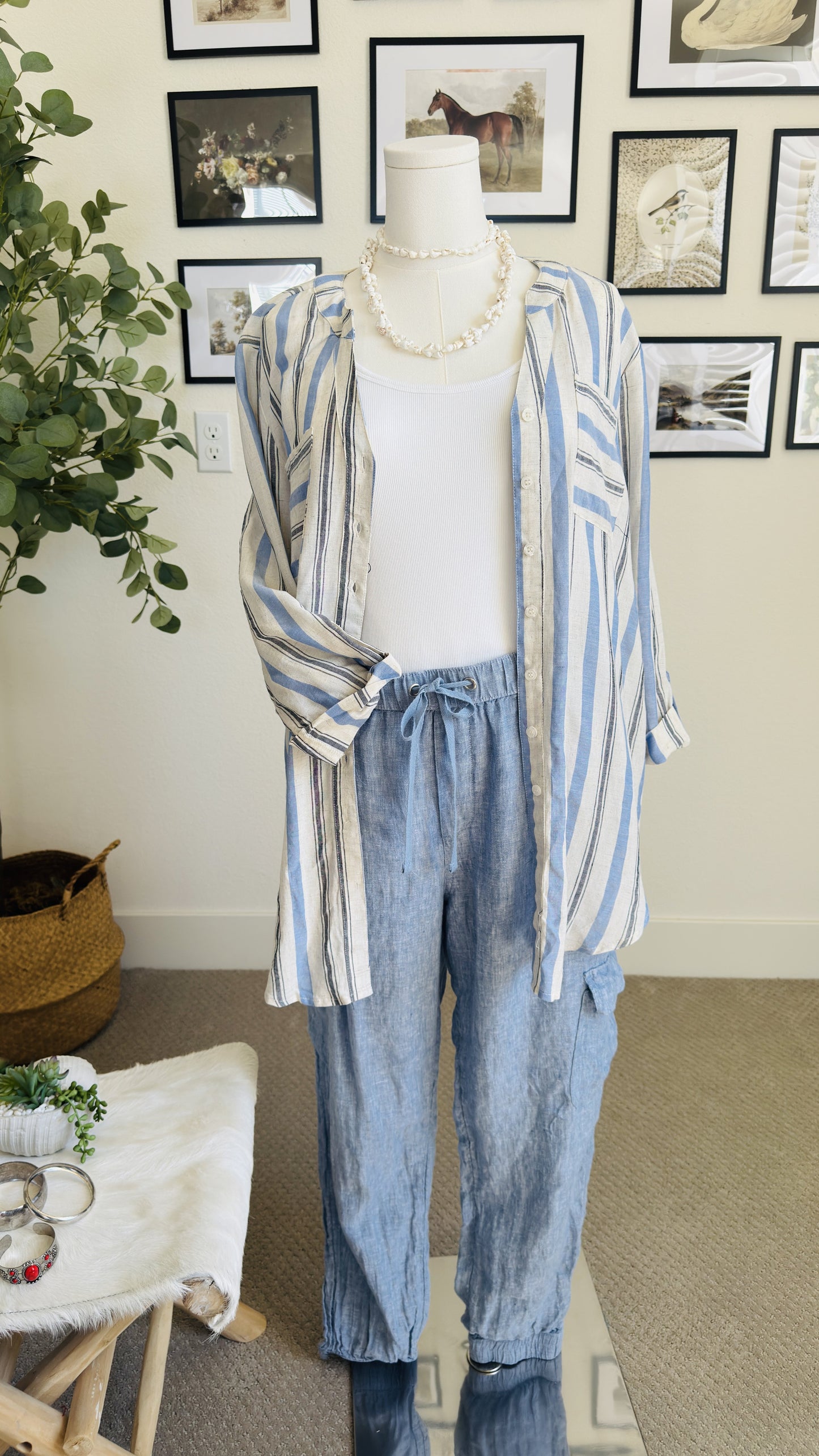 Apt. 9 Striped Rayon Linen Roll-Tab Sleeve Blouse - Size L