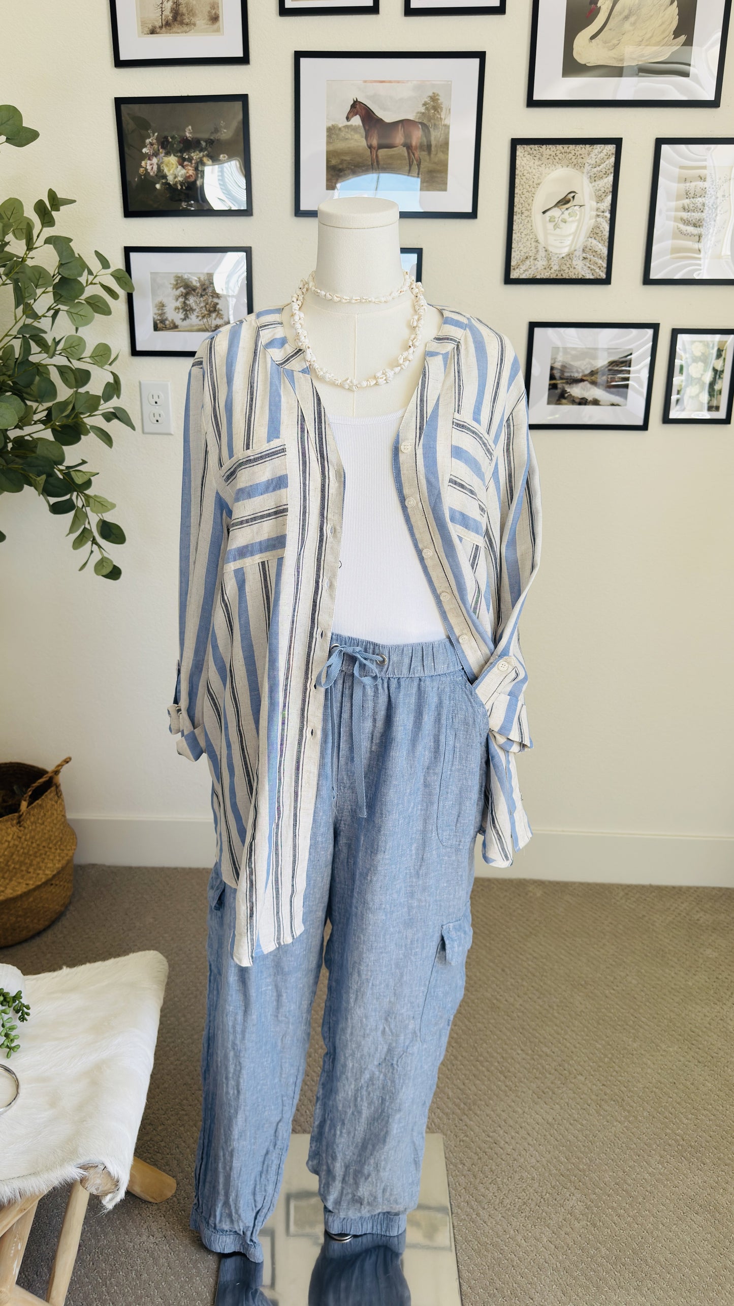 Apt. 9 Striped Rayon Linen Roll-Tab Sleeve Blouse - Size L