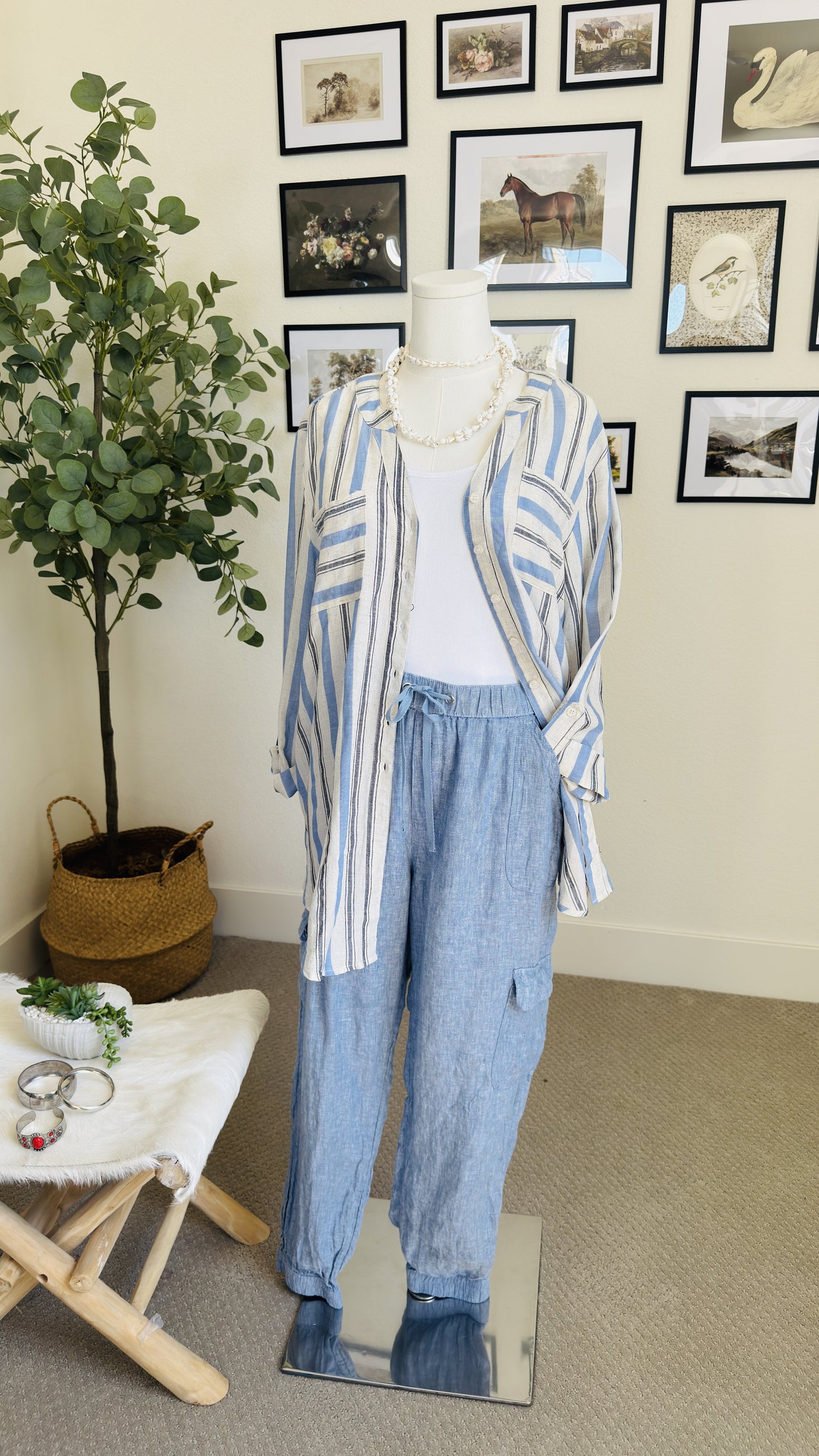 Apt. 9 Striped Rayon Linen Roll-Tab Sleeve Blouse - Size L