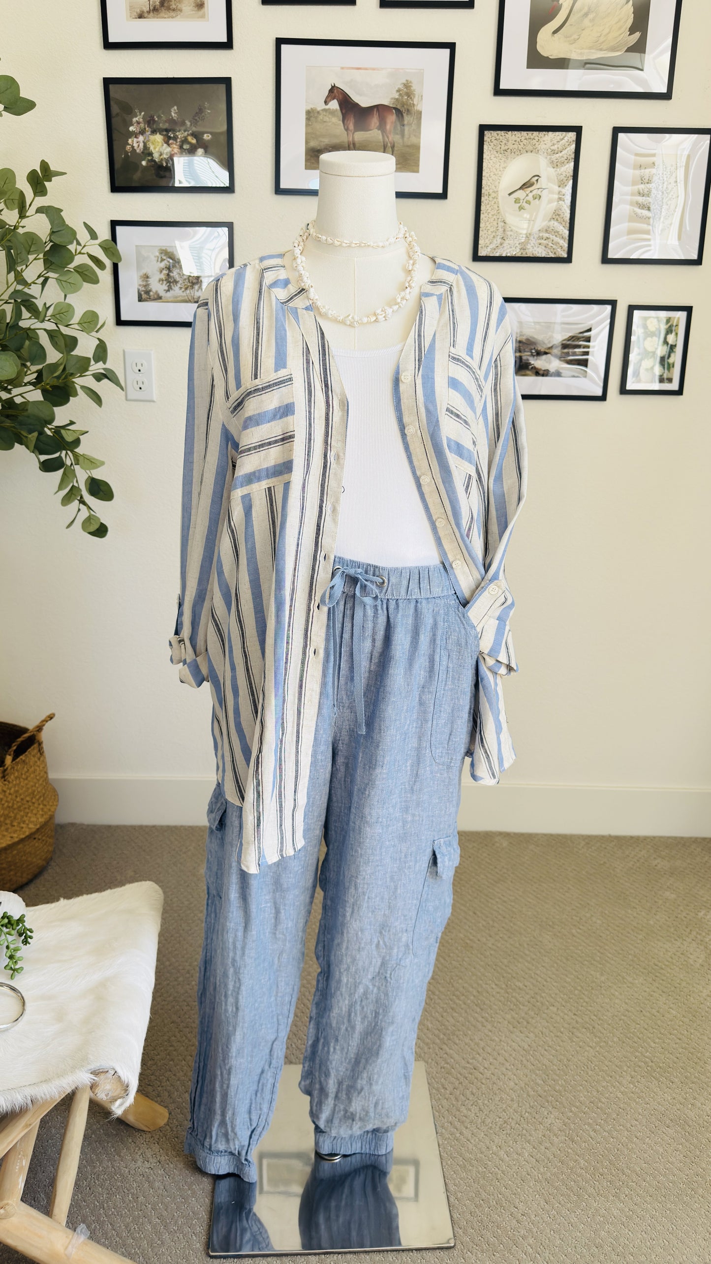 Apt. 9 Striped Rayon Linen Roll-Tab Sleeve Blouse - Size L