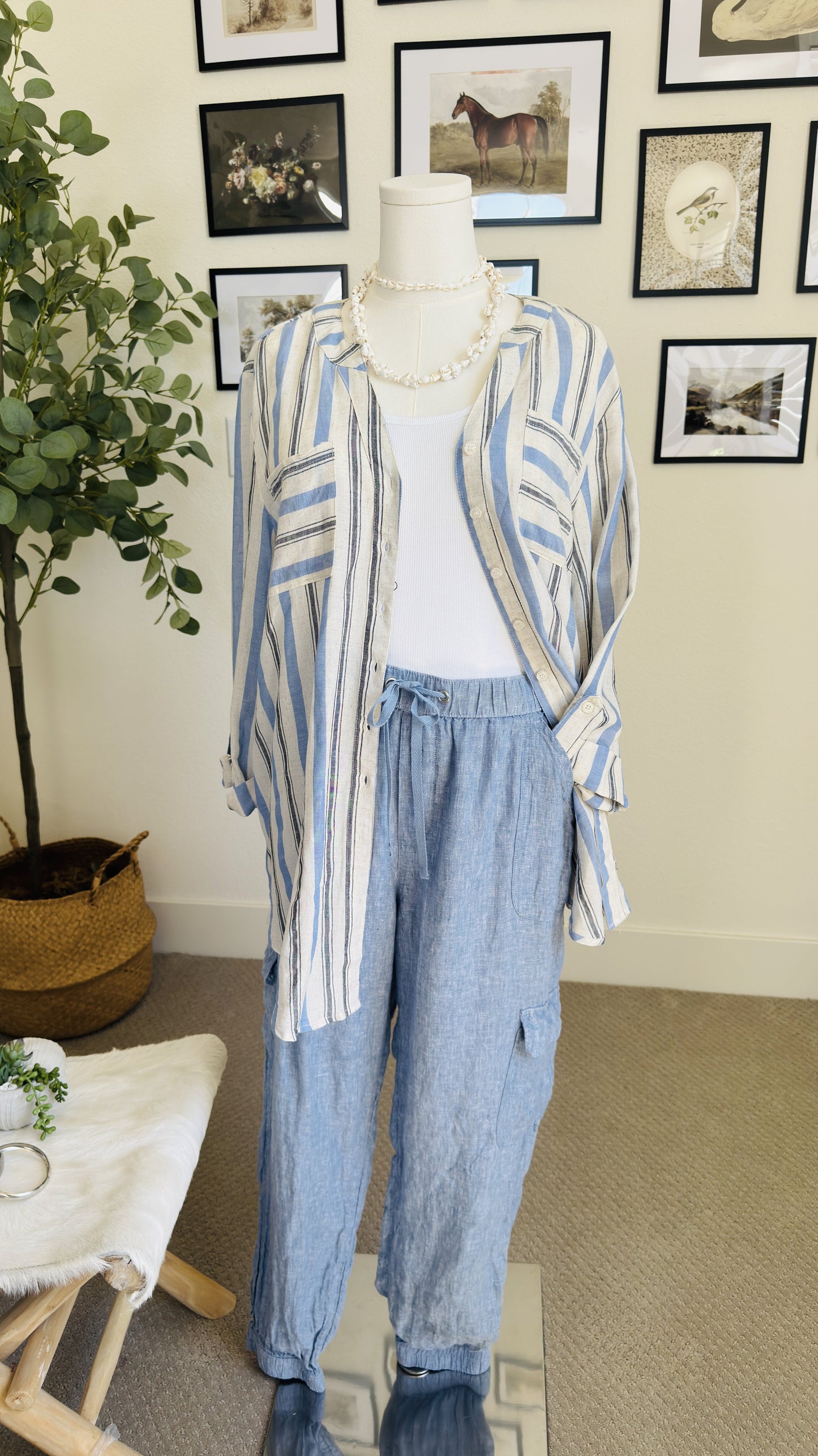 Apt. 9 Striped Rayon Linen Roll-Tab Sleeve Blouse - Size L
