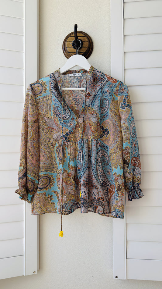 Mango MNG Paisley Print Tassel Tie Blouse - Size S