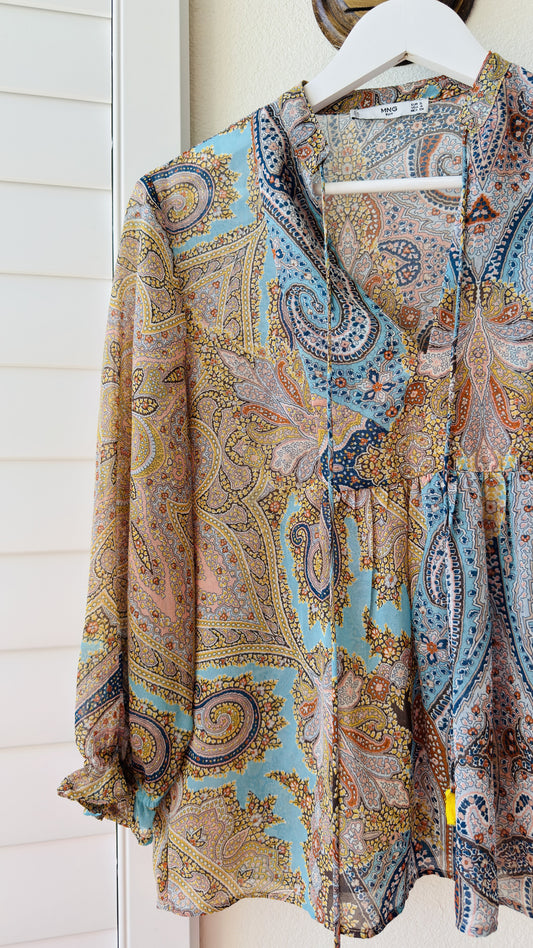 Mango MNG Paisley Print Tassel Tie Blouse - Size S