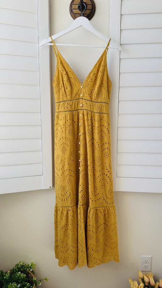 Boutique Yellow Eyelet Tiered Maxi Dress - Size M