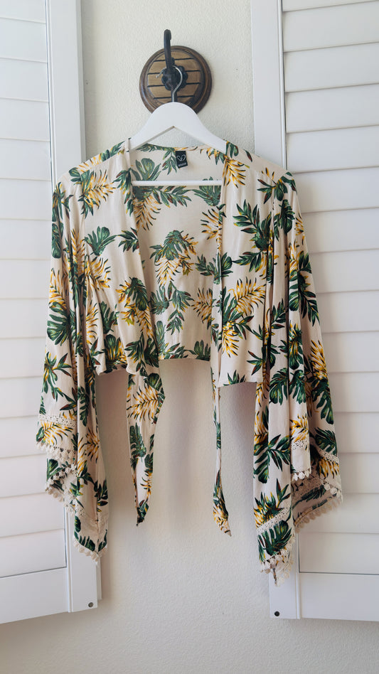 Windsor Tropical Palm Print Tie-Front Crop Top - Size L