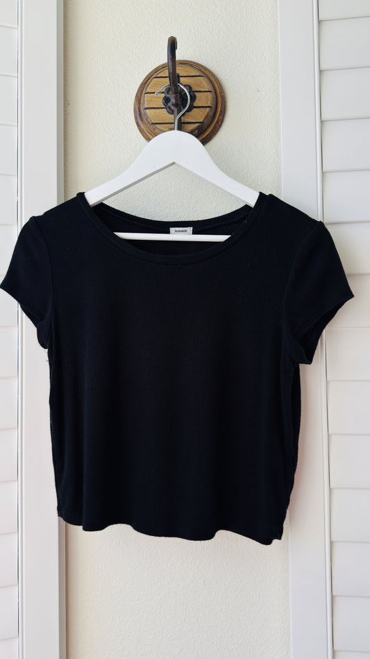 Garage Black Ribbed Short Sleeve Crop Top - Size L