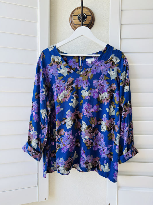 J.Jill Blue Floral V-Neck Rayon Cotton Blouse - Size XL