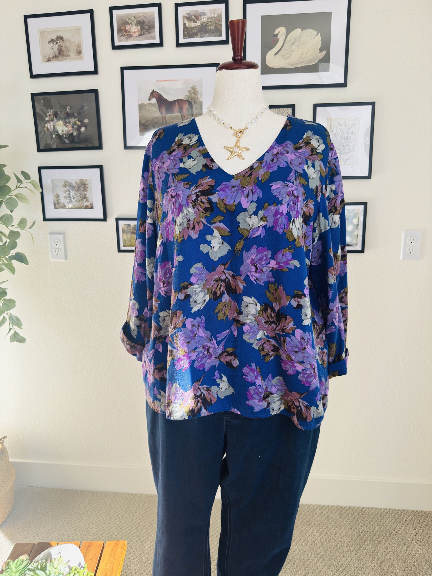 J.Jill Blue Floral V-Neck Rayon Cotton Blouse - Size XL