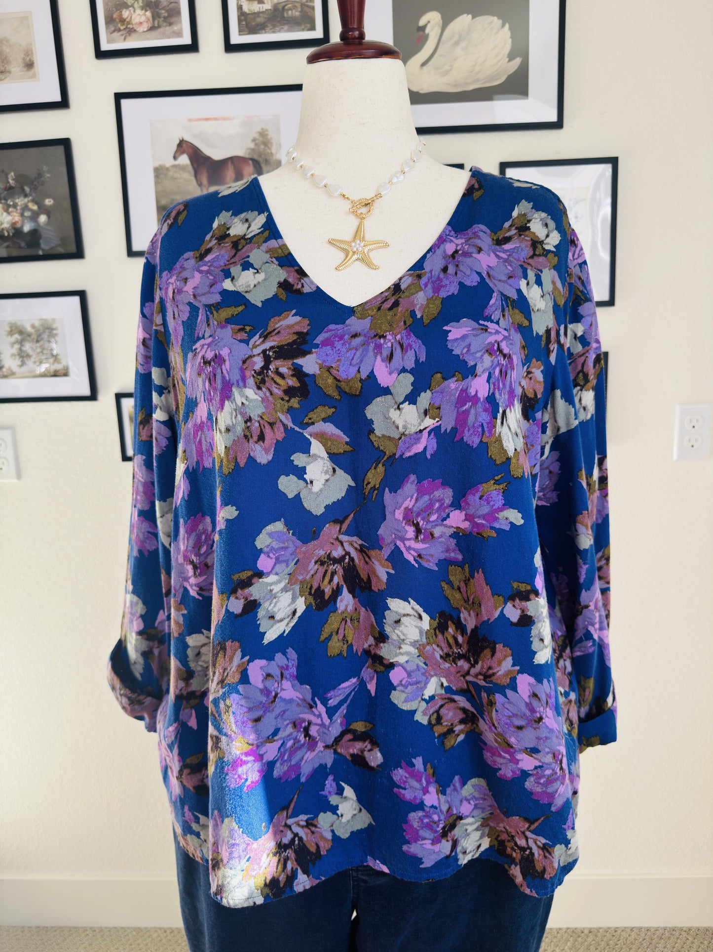 J.Jill Blue Floral V-Neck Rayon Cotton Blouse - Size XL