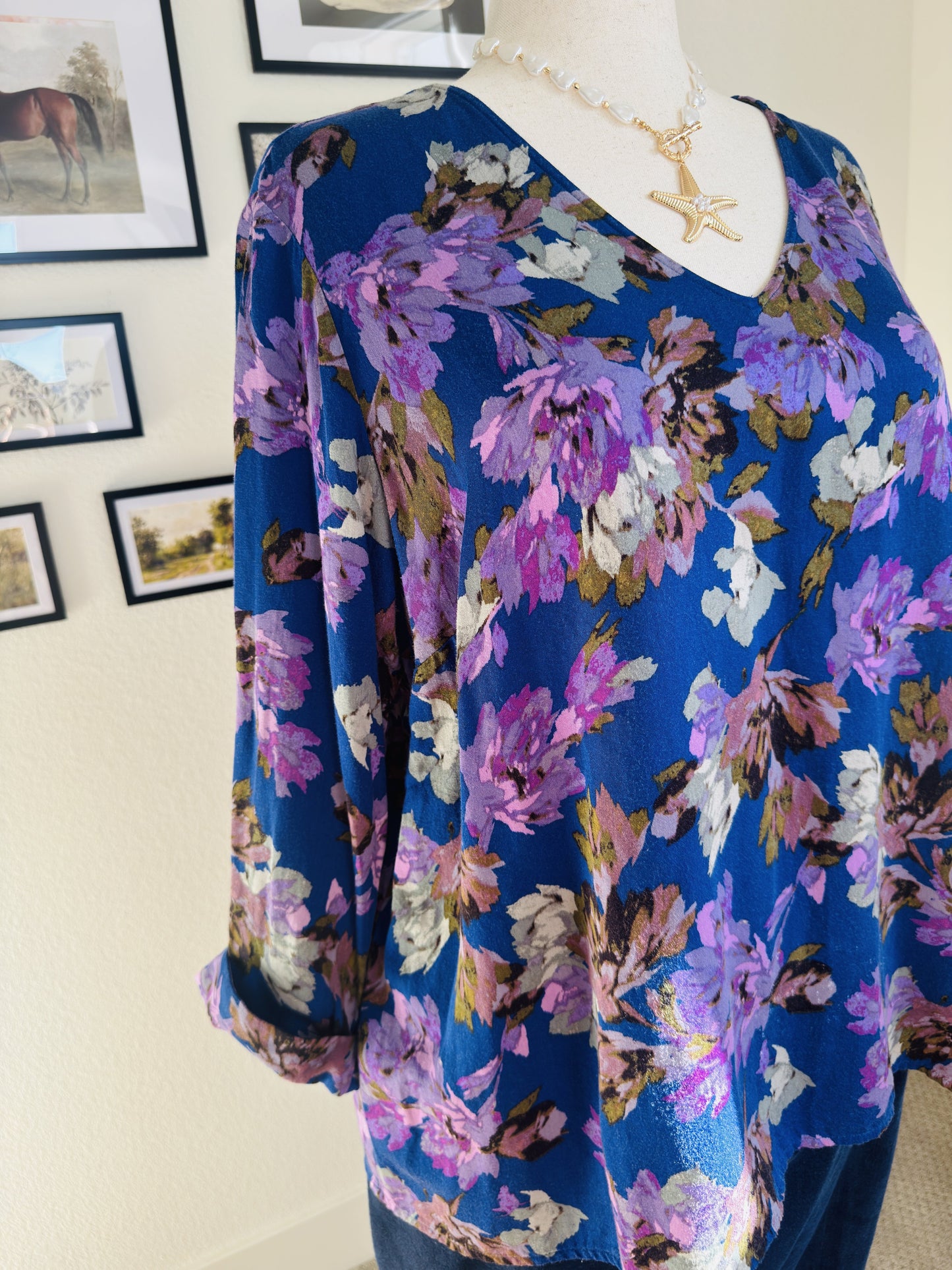J.Jill Blue Floral V-Neck Blouse - Size XL