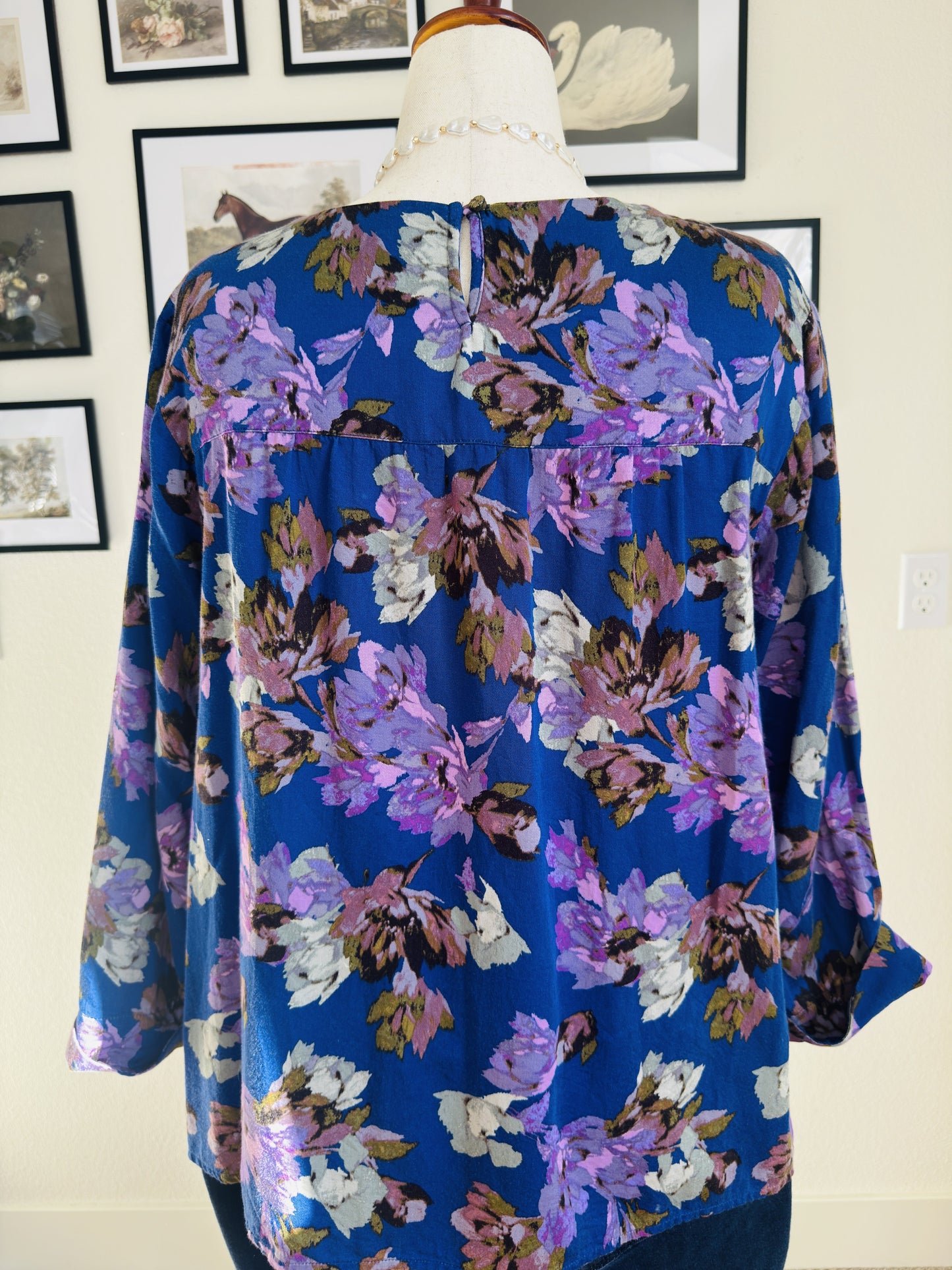 J.Jill Blue Floral V-Neck Rayon Cotton Blouse - Size XL