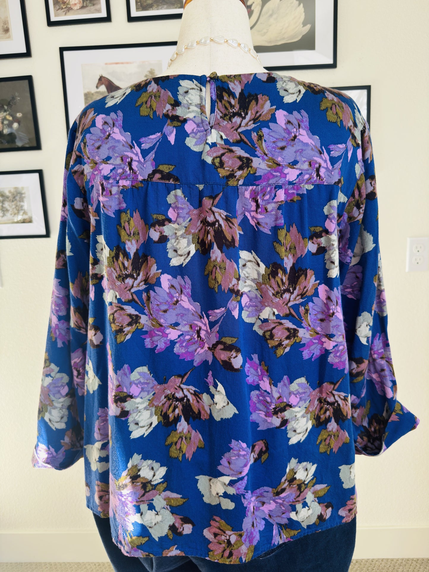 J.Jill Blue Floral V-Neck Rayon Cotton Blouse - Size XL