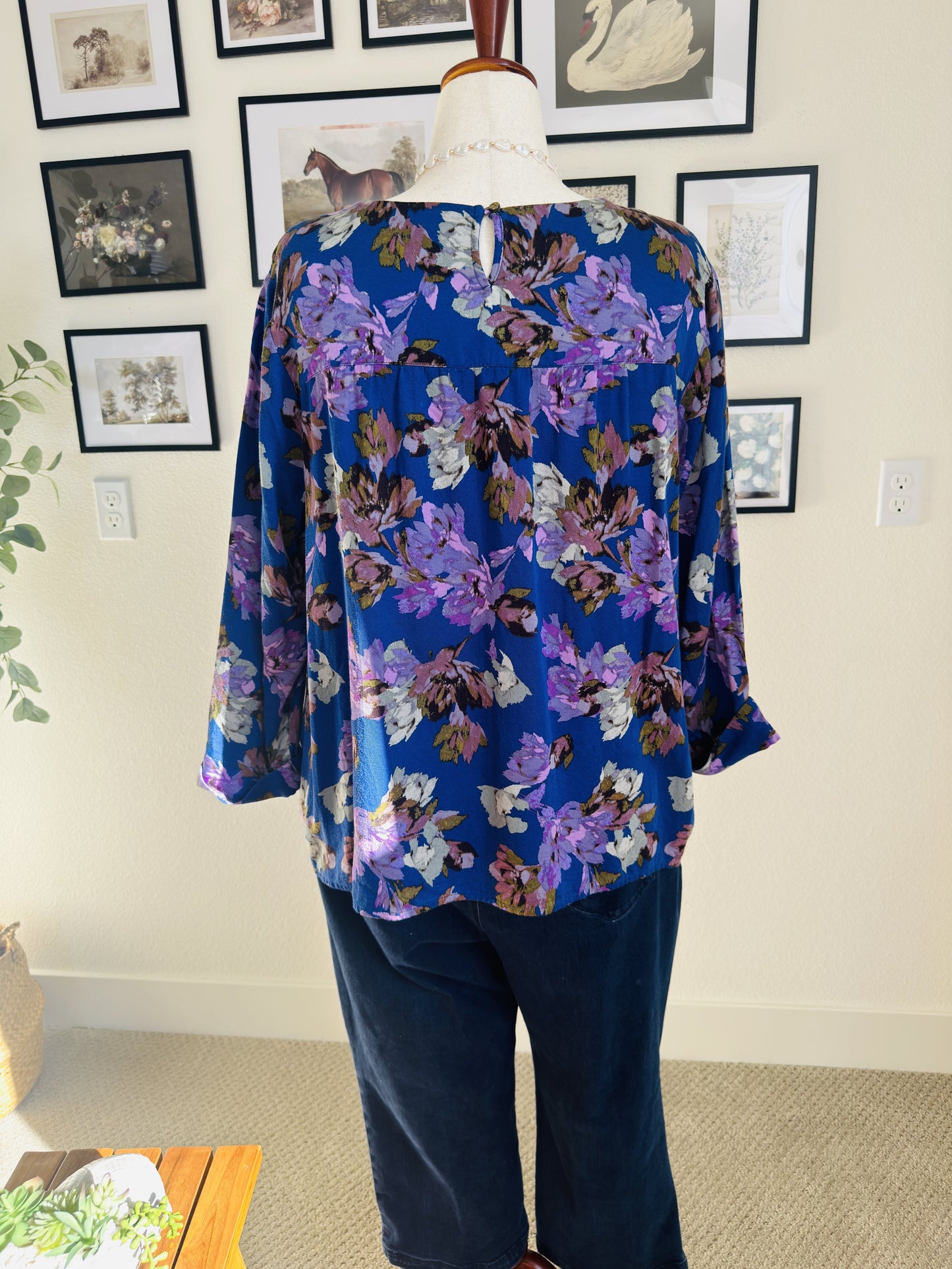 J.Jill Blue Floral V-Neck Rayon Cotton Blouse - Size XL