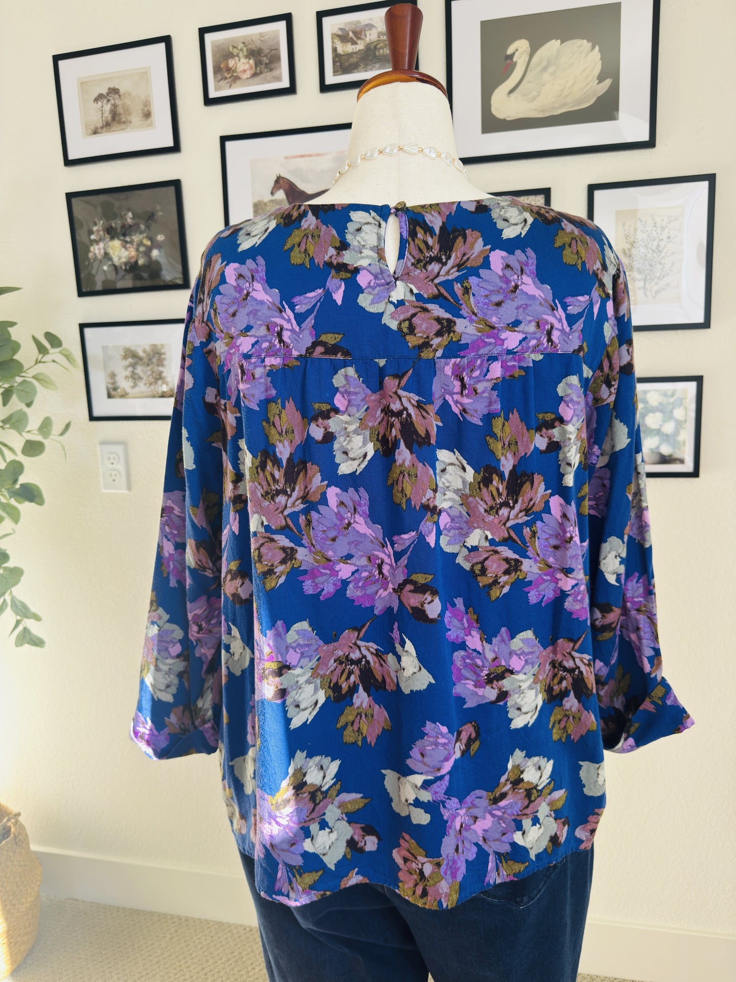 J.Jill Blue Floral V-Neck Rayon Cotton Blouse - Size XL