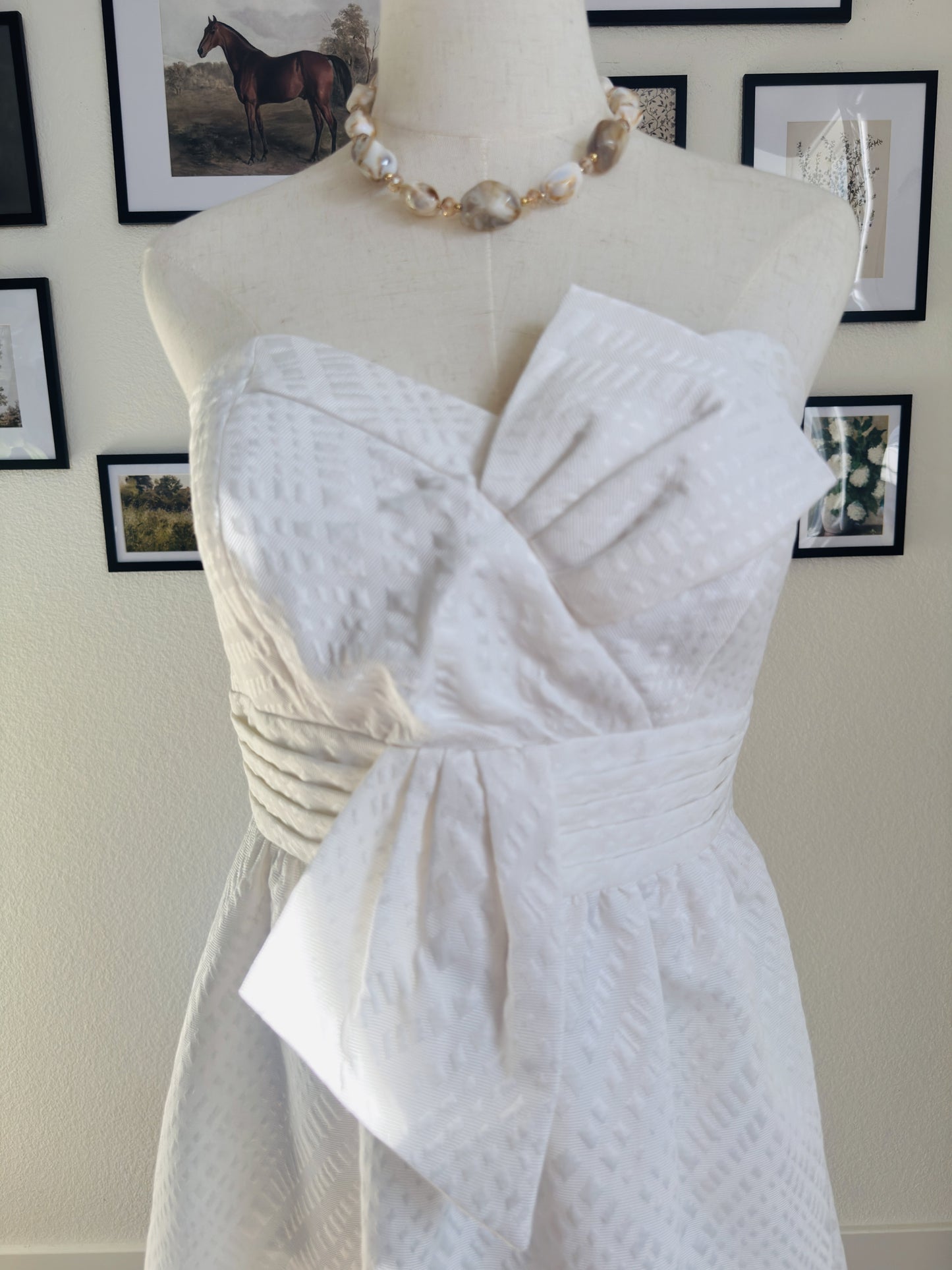Max and Cleo White Strapless Jacquard Bow Dress - Size 8