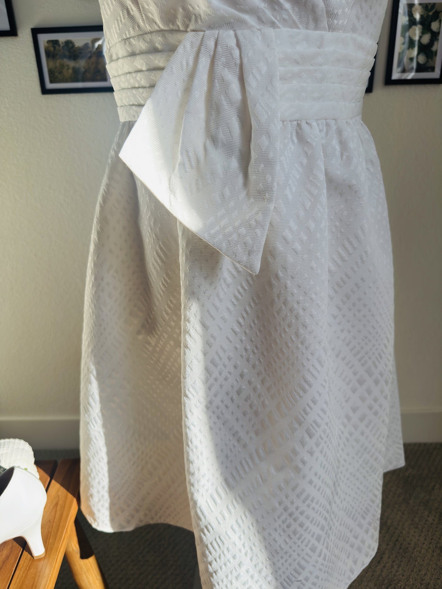 Max and Cleo White Strapless Jacquard Bow Dress - Size 8