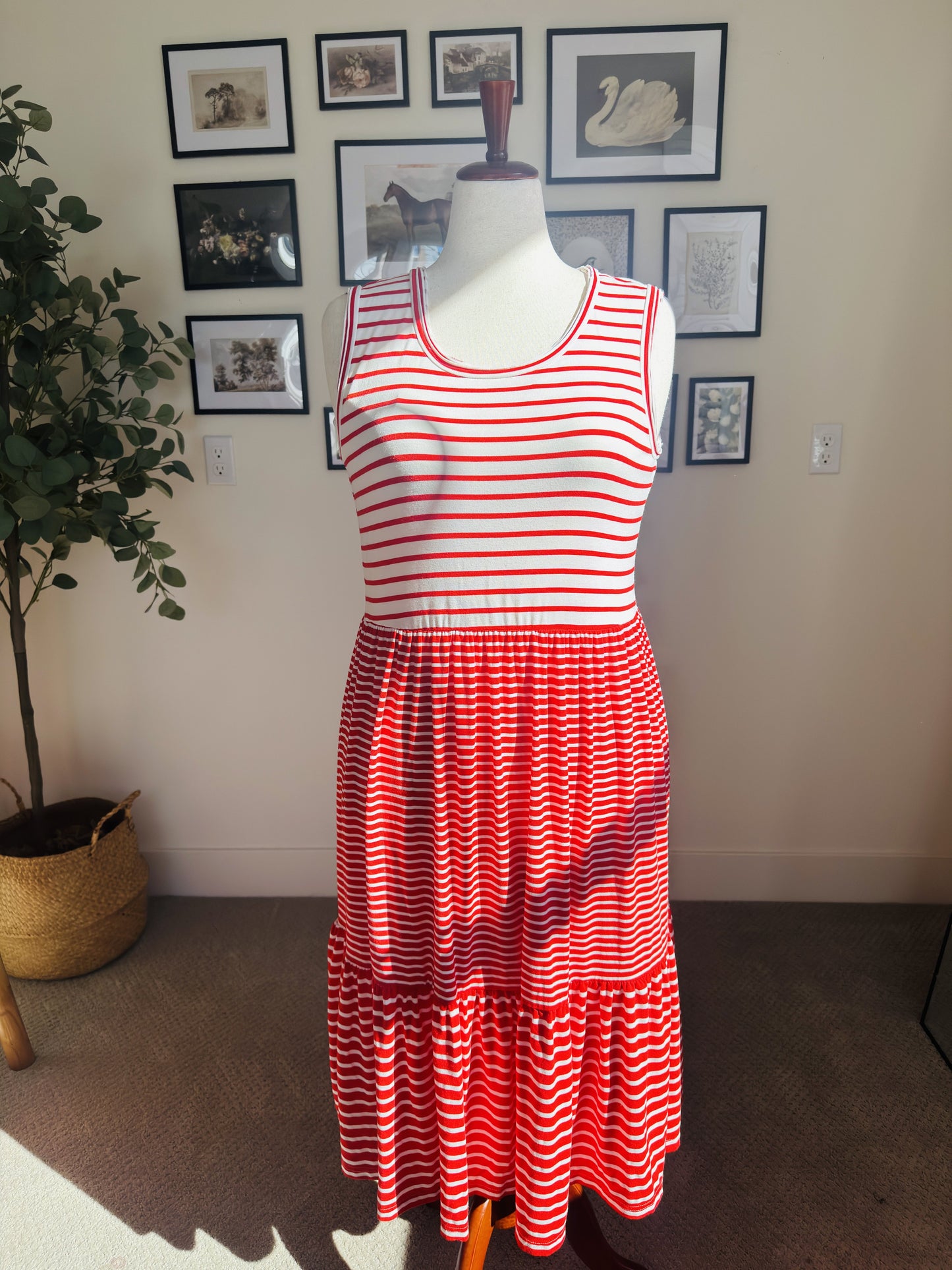 Nina Leonard Red & White Striped Tiered Sleeveless Maxi Dress - Size L