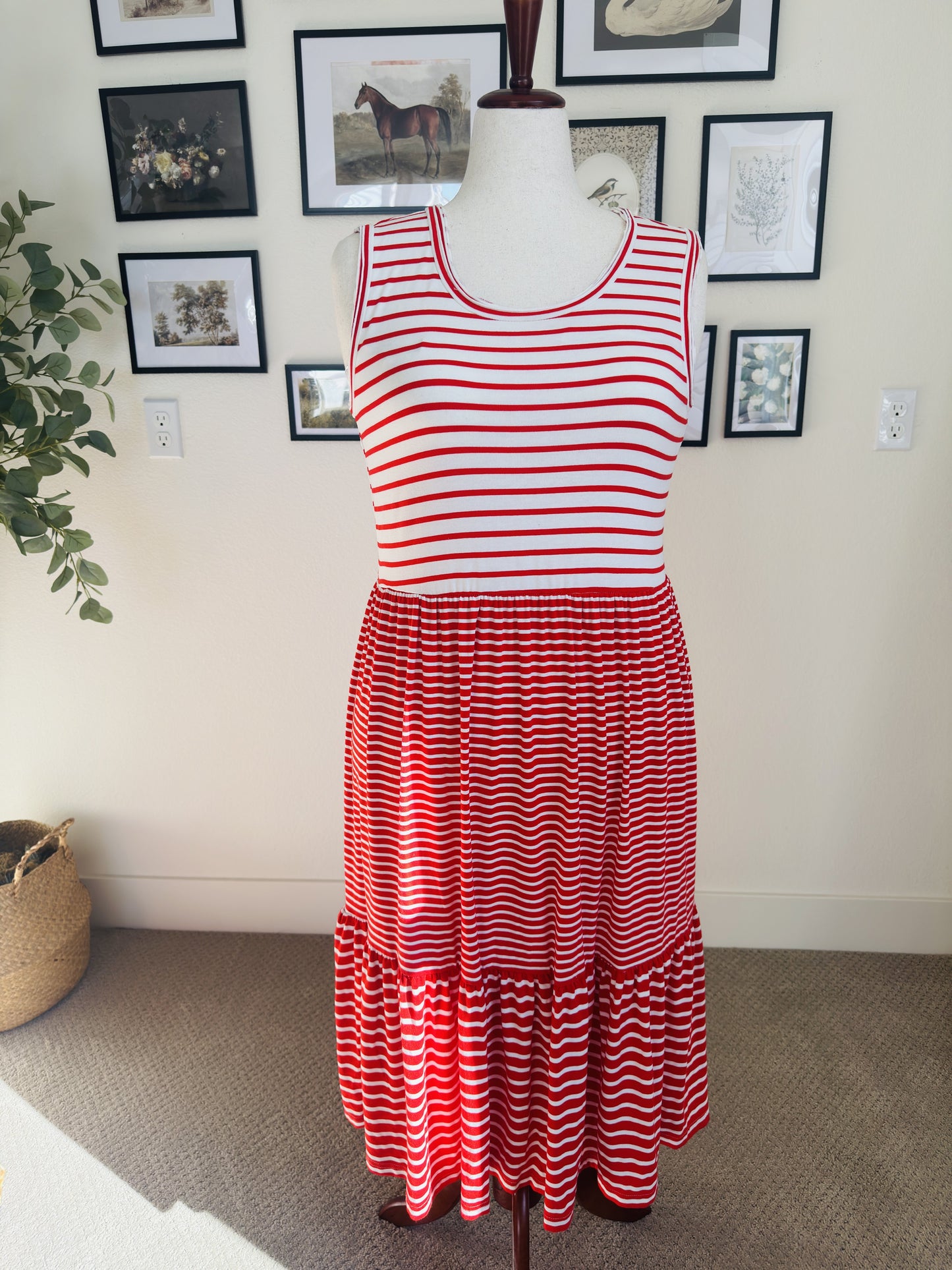 Nina Leonard Red & White Striped Tiered Sleeveless Maxi Dress - Size L