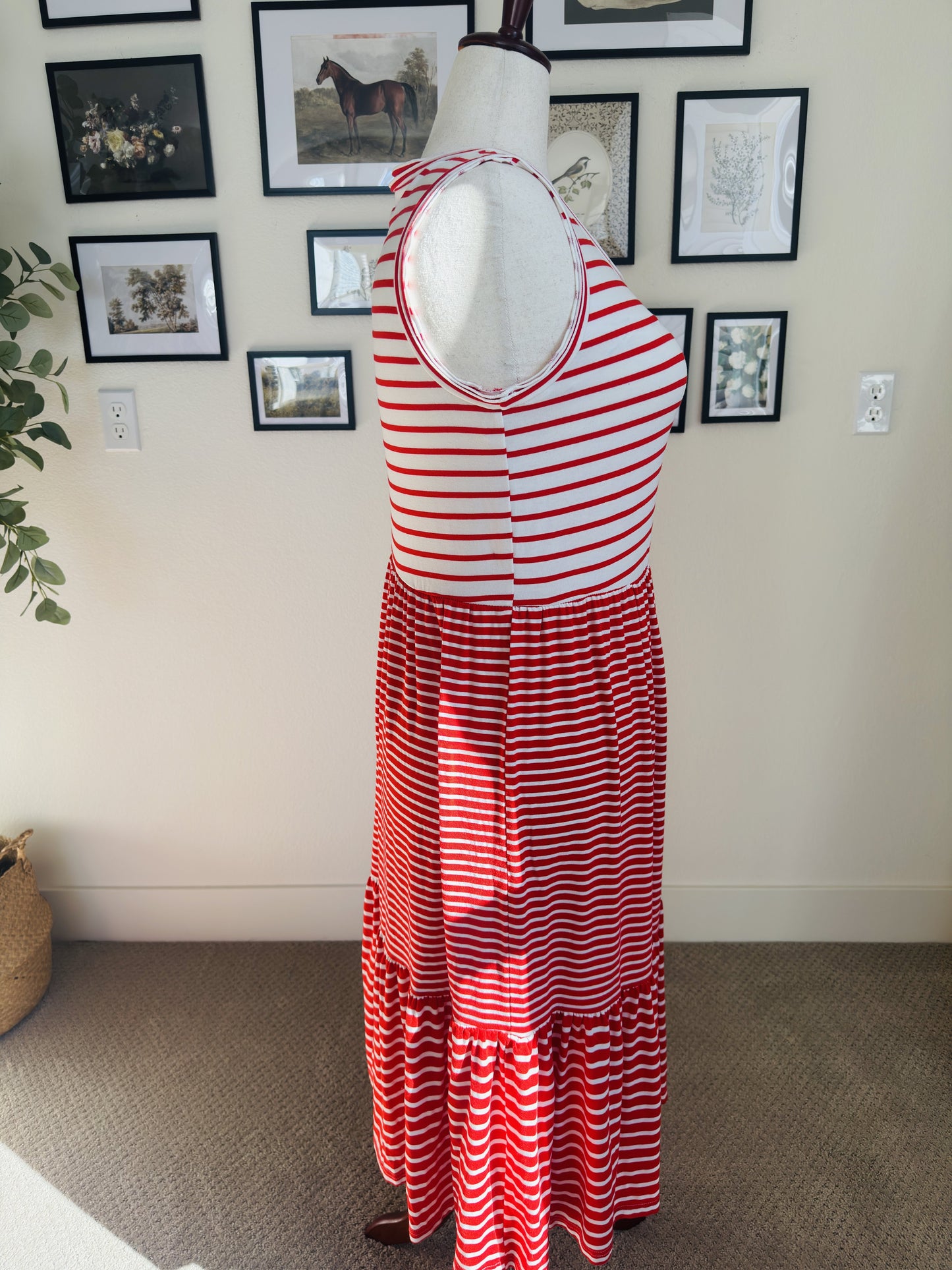 Nina Leonard Red & White Striped Tiered Sleeveless Maxi Dress - Size L