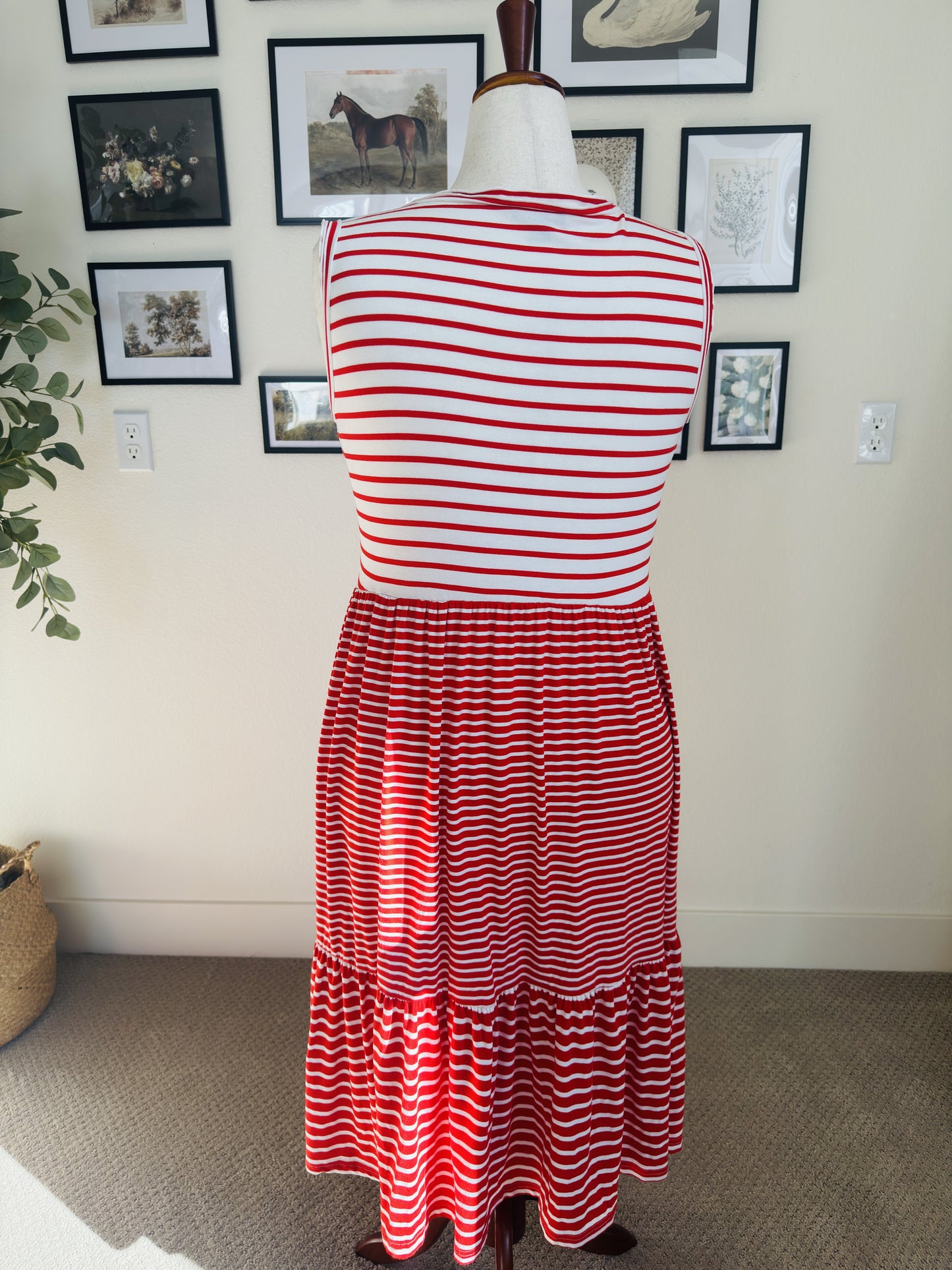 Nina Leonard Red & White Striped Tiered Sleeveless Maxi Dress - Size L