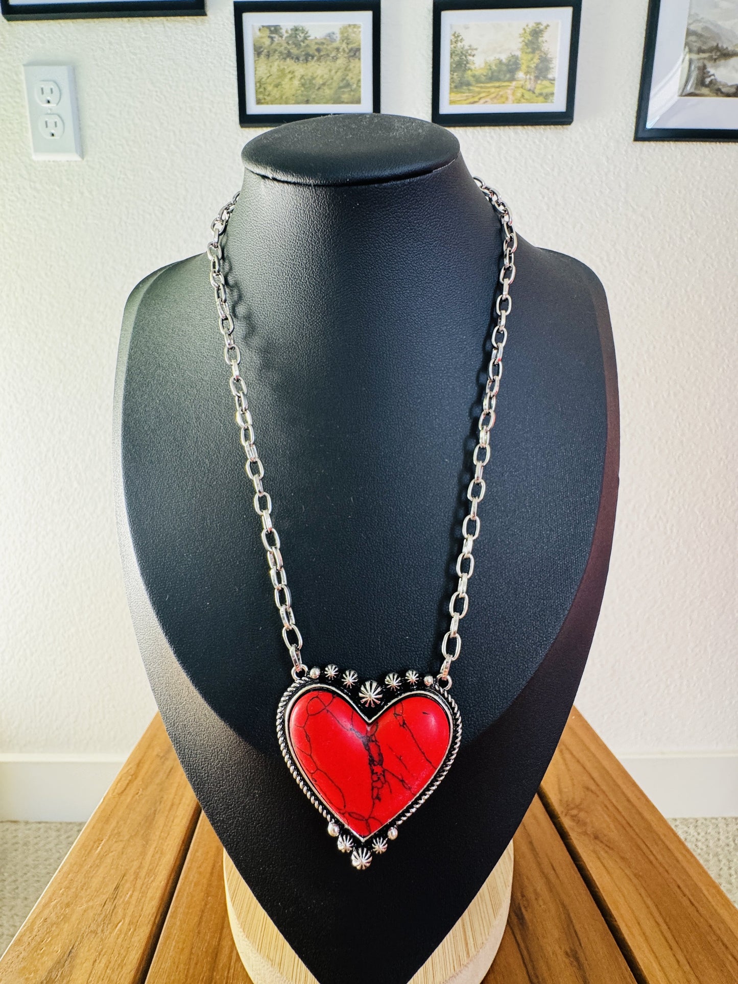 Western Red Turquoise Heart Pendant Necklace