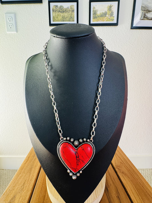 Western Red Turquoise Heart Pendant Necklace