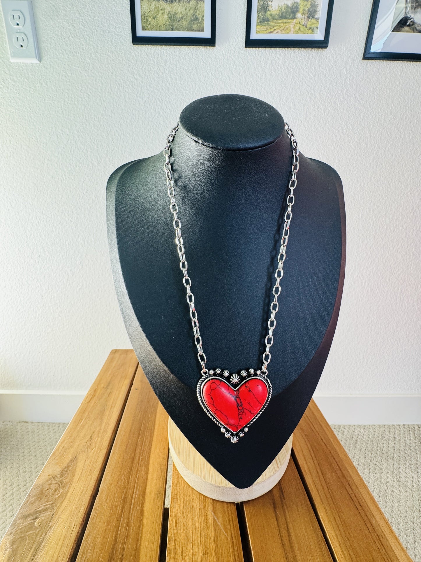 Western Red Turquoise Heart Pendant Necklace
