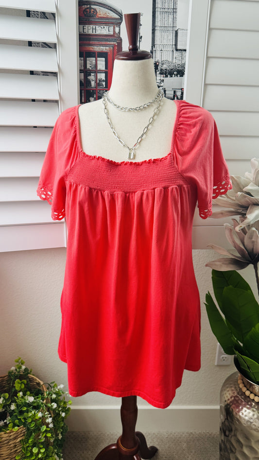 One World Women's Coral Smocked Square Neck Eyelet Sleeve Top Size 1X