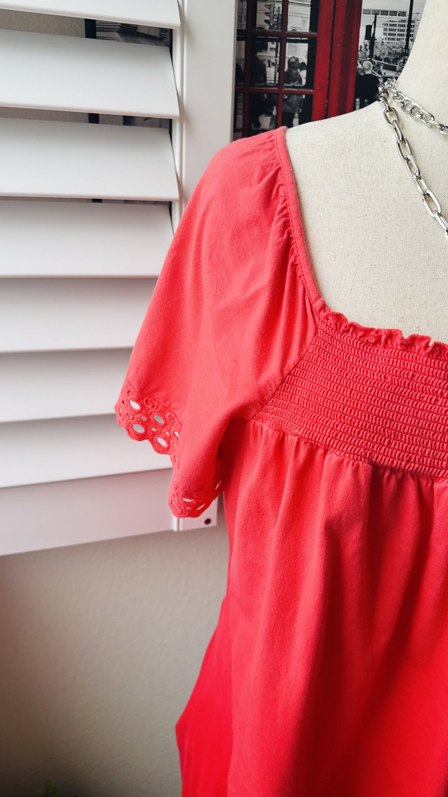 One World Women's Coral Smocked Square Neck Eyelet Sleeve Top Size 1X